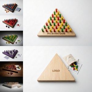 Wooden Triangle Peg Solitaire Game with Customizable Logo